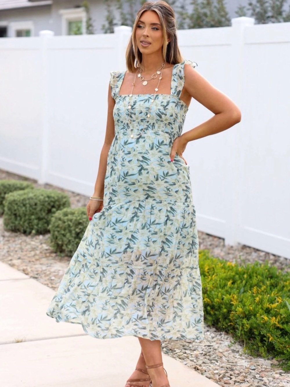 Magnolia Boutique Smocked Square-Neck Midi Dress Mint Green Floral